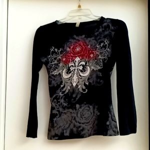 Vintage 1990s Black Jeweled Rose Long Sleeve Top by Reserved